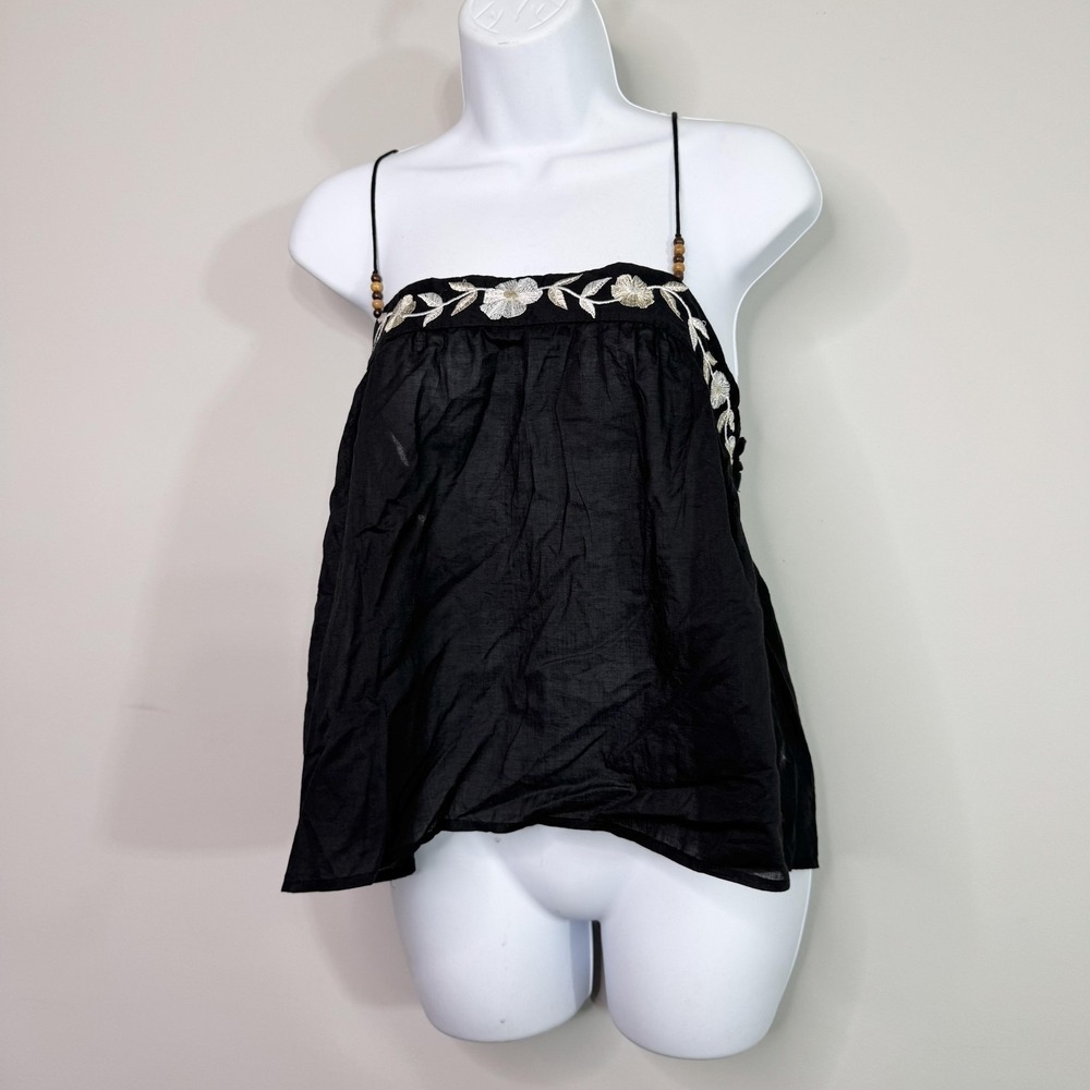Love Notes Top Womens Large Black Embroidered Floral Tie Back Boho Festival Chic